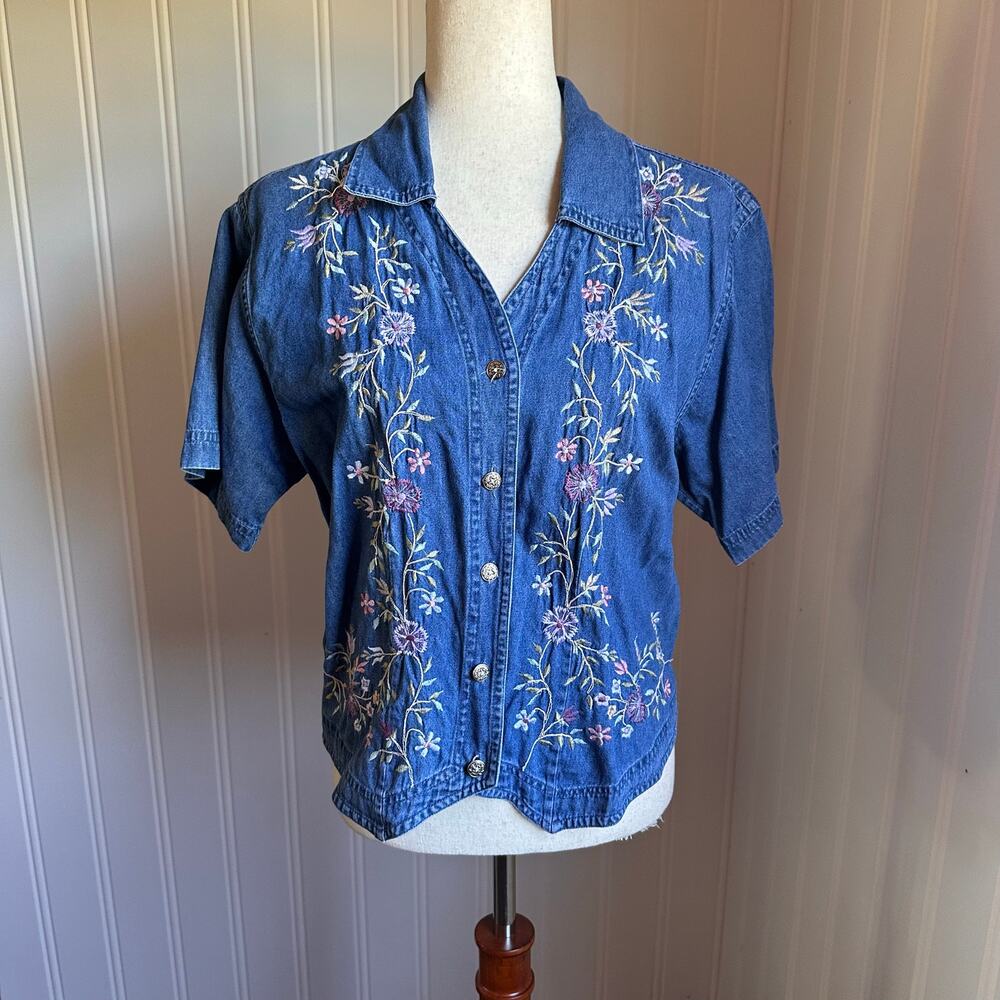 Vintage 90s Boho Denim Floral Top L